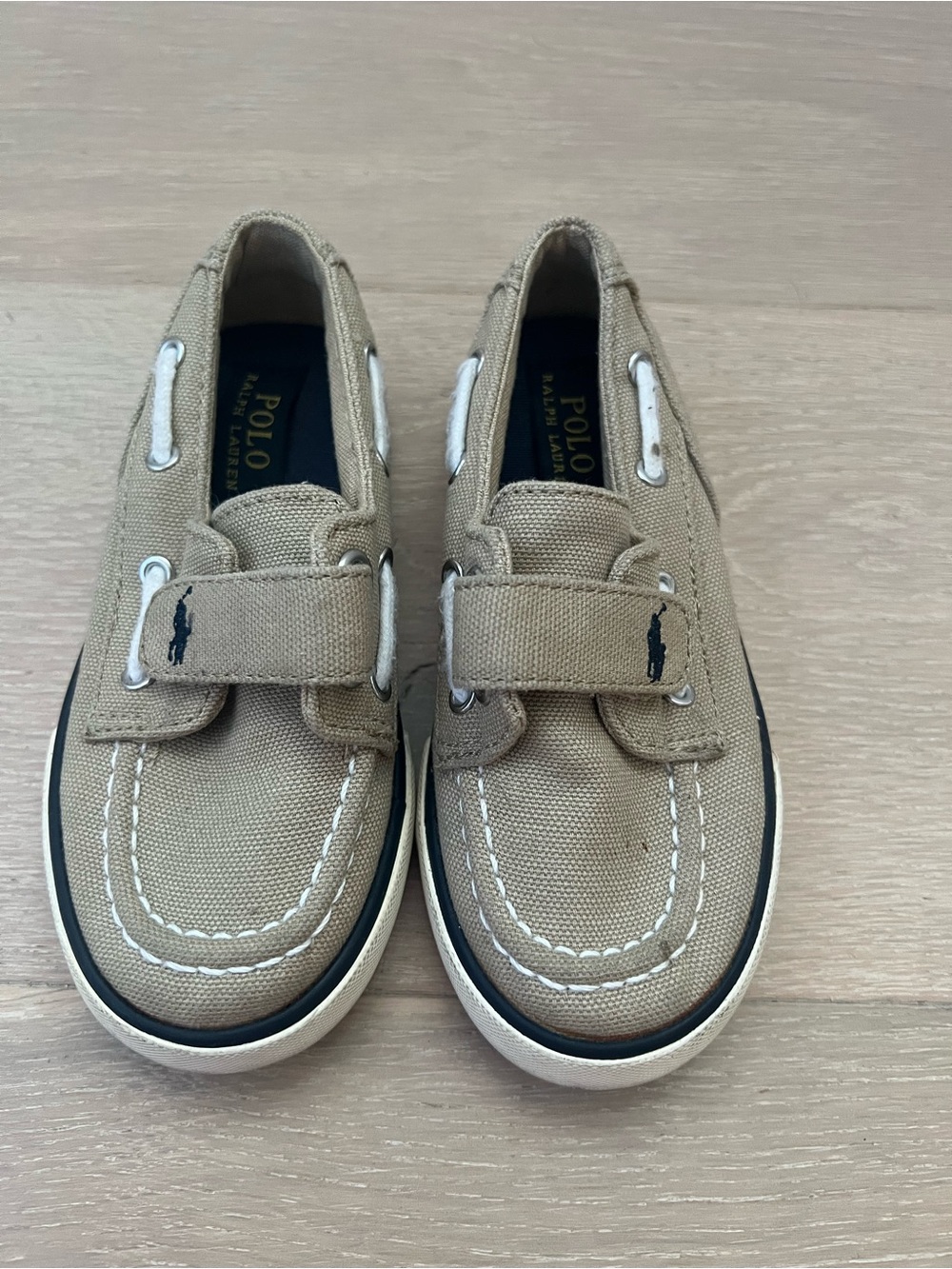 Polo by Ralph Lauren Kids Tan Canvas Moccasins with Navy Trim